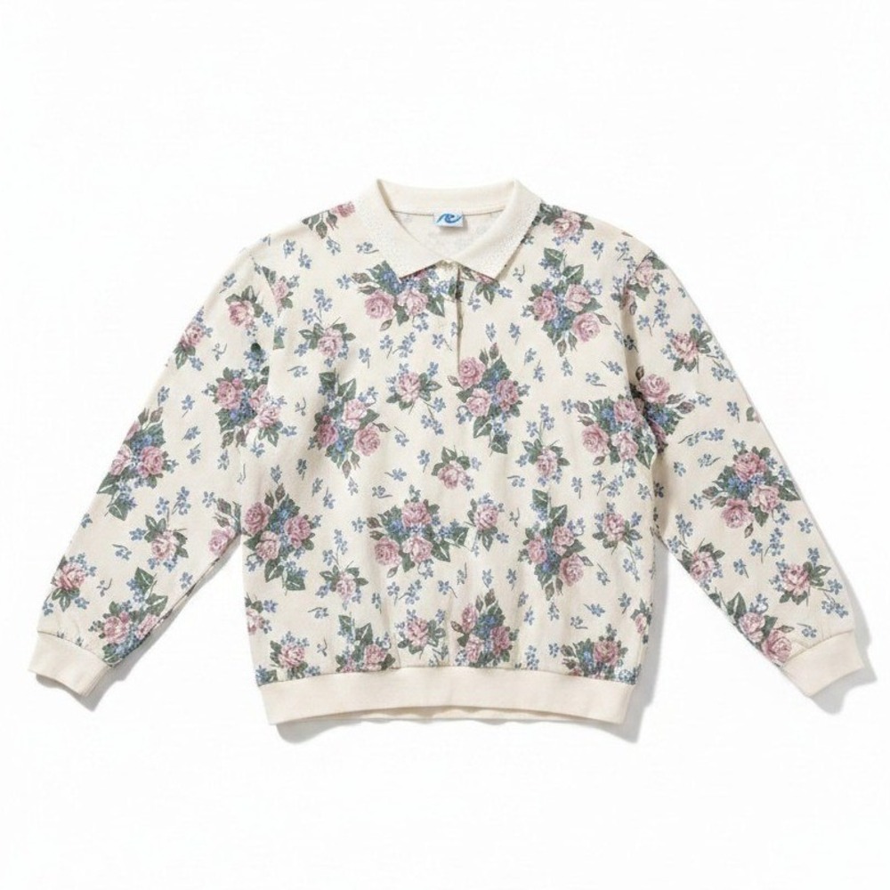 Ship n Shore Vtg Floral Polo Sweatshirt, Cream Pink Blue, Women's Large NRW3A6